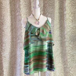Y2K CAbi Ruffle Sleeveless Blouse Green Brown Watercolor Stripe‎ Floaty Top Sz M